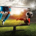 Soccer players on a TV in a soccer field
